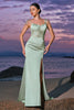 Load image into Gallery viewer, Green Mermaid Satin Spaghetti Straps Long Bridesmaid Dress with Slit