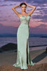 Load image into Gallery viewer, Green Mermaid Satin Spaghetti Straps Long Bridesmaid Dress with Slit