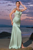 Load image into Gallery viewer, Green Mermaid Satin Spaghetti Straps Long Bridesmaid Dress with Slit