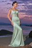 Load image into Gallery viewer, Green Mermaid Satin Spaghetti Straps Long Bridesmaid Dress with Slit