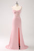 Load image into Gallery viewer, Mermaid Spaghetti Straps Satin Pink Long Bridesmaid Dress with Slit