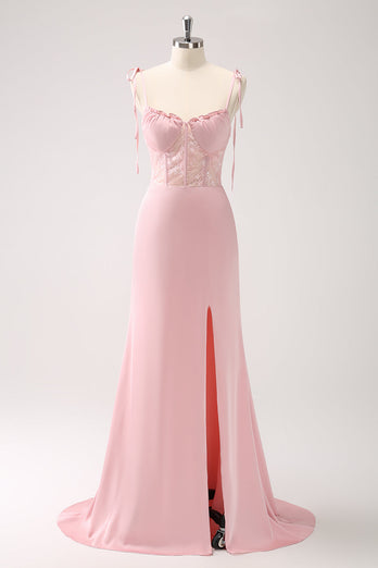 Mermaid Spaghetti Straps Satin Pink Long Bridesmaid Dress with Slit