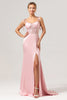 Load image into Gallery viewer, Mermaid Spaghetti Straps Satin Pink Long Bridesmaid Dress with Slit