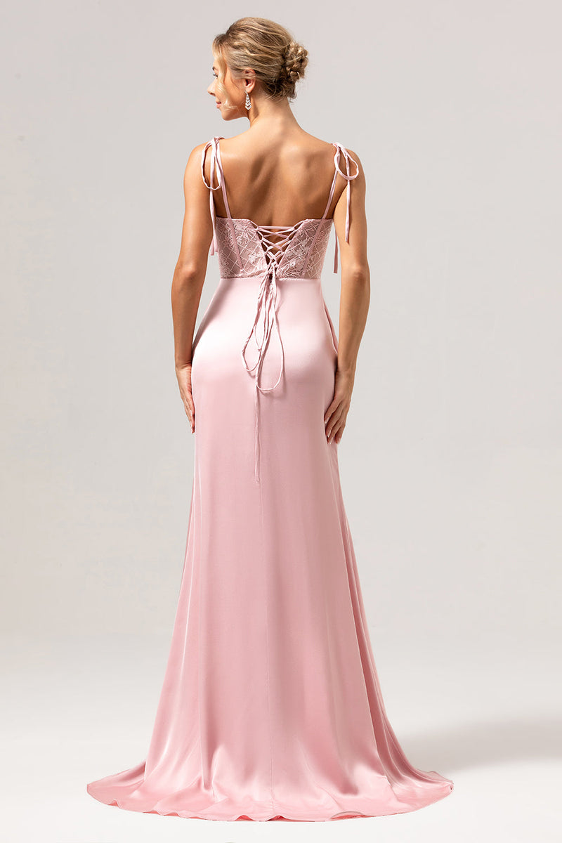 Load image into Gallery viewer, Mermaid Spaghetti Straps Satin Pink Long Bridesmaid Dress with Slit