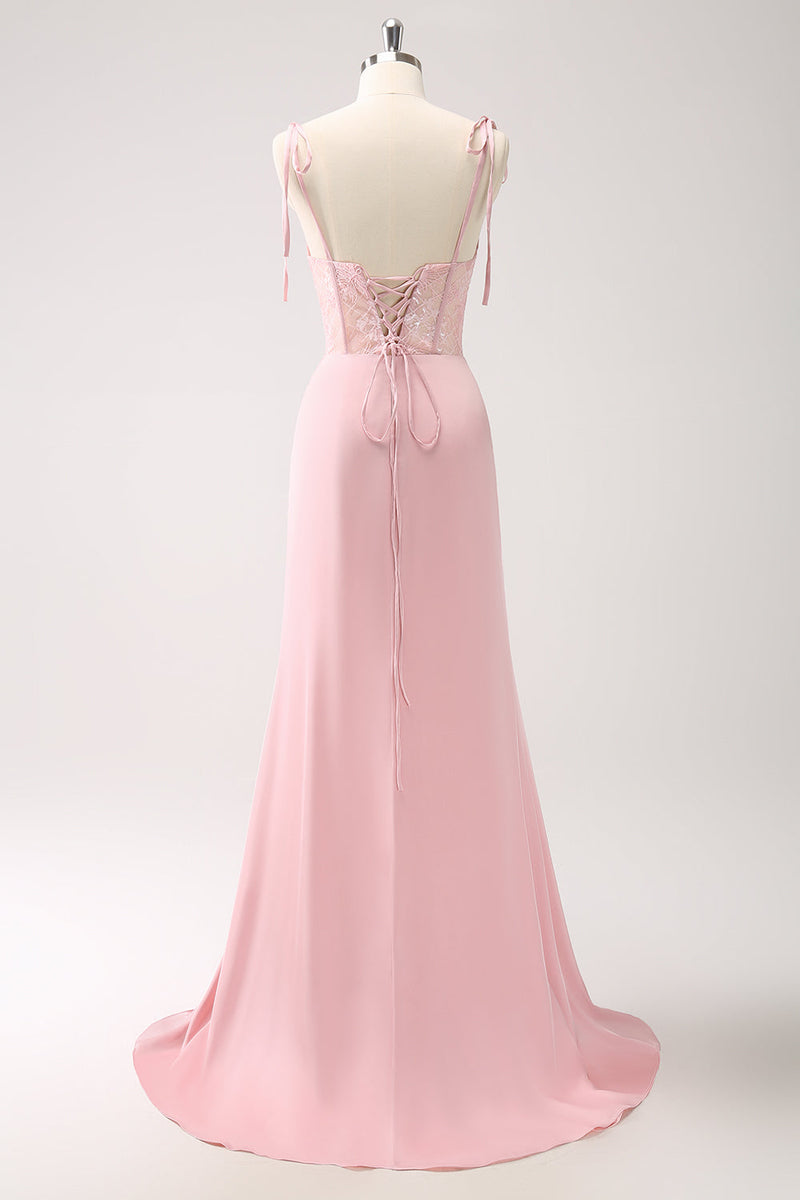 Load image into Gallery viewer, Mermaid Spaghetti Straps Satin Pink Long Bridesmaid Dress with Slit