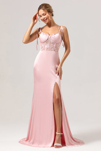 Mermaid Spaghetti Straps Satin Pink Long Bridesmaid Dress with Slit