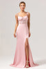 Load image into Gallery viewer, Green Mermaid Satin Spaghetti Straps Long Bridesmaid Dress with Slit