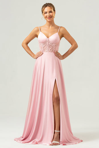 Pink A-Line Spaghetti Straps Satin Corset Long Bridesmaid Dress with Slit