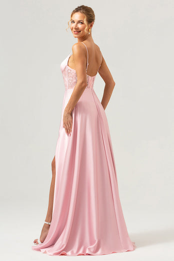 Pink A-Line Spaghetti Straps Satin Corset Long Bridesmaid Dress with Slit