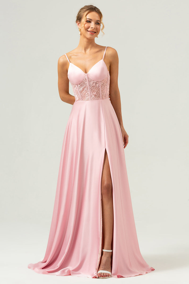 Load image into Gallery viewer, Pink A-Line Spaghetti Straps Satin Corset Long Bridesmaid Dress with Slit