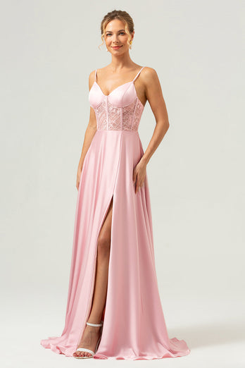 Pink A-Line Spaghetti Straps Satin Corset Long Bridesmaid Dress with Slit