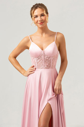 Pink A-Line Spaghetti Straps Satin Corset Long Bridesmaid Dress with Slit