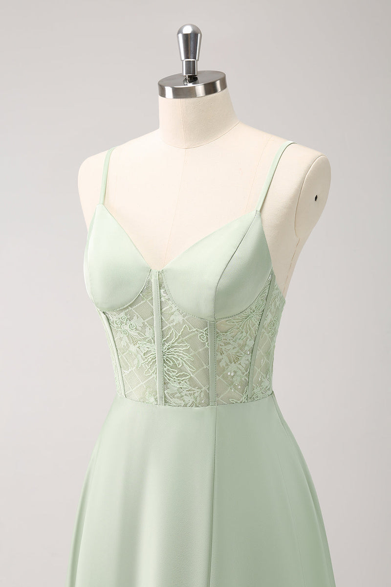 Load image into Gallery viewer, Green Spaghetti Straps A-Line Satin Long Corset Bridesmaid Dress with Slit