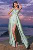 Load image into Gallery viewer, Pink A-Line Spaghetti Straps Satin Corset Long Bridesmaid Dress with Slit