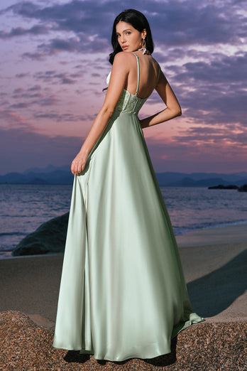 Satin Green A-Line Corset Long Bridesmaid Dress with Slit