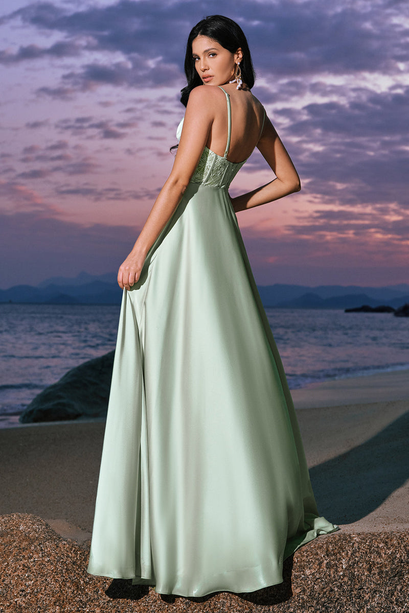 Load image into Gallery viewer, Satin Green A-Line Corset Long Bridesmaid Dress with Slit