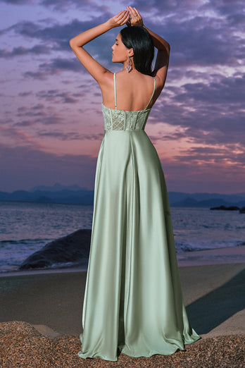 Satin Green A-Line Corset Long Bridesmaid Dress with Slit