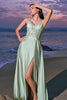 Load image into Gallery viewer, Satin Green A-Line Corset Long Bridesmaid Dress with Slit