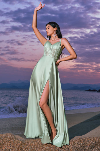 Satin Green A-Line Corset Long Bridesmaid Dress with Slit