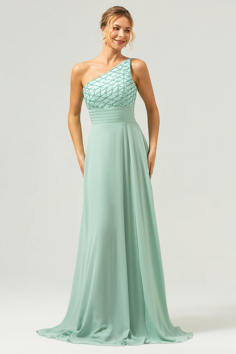 Load image into Gallery viewer, Sparkly Green A-Line One Shoulder Chiffon Long Bridesmaid Dress