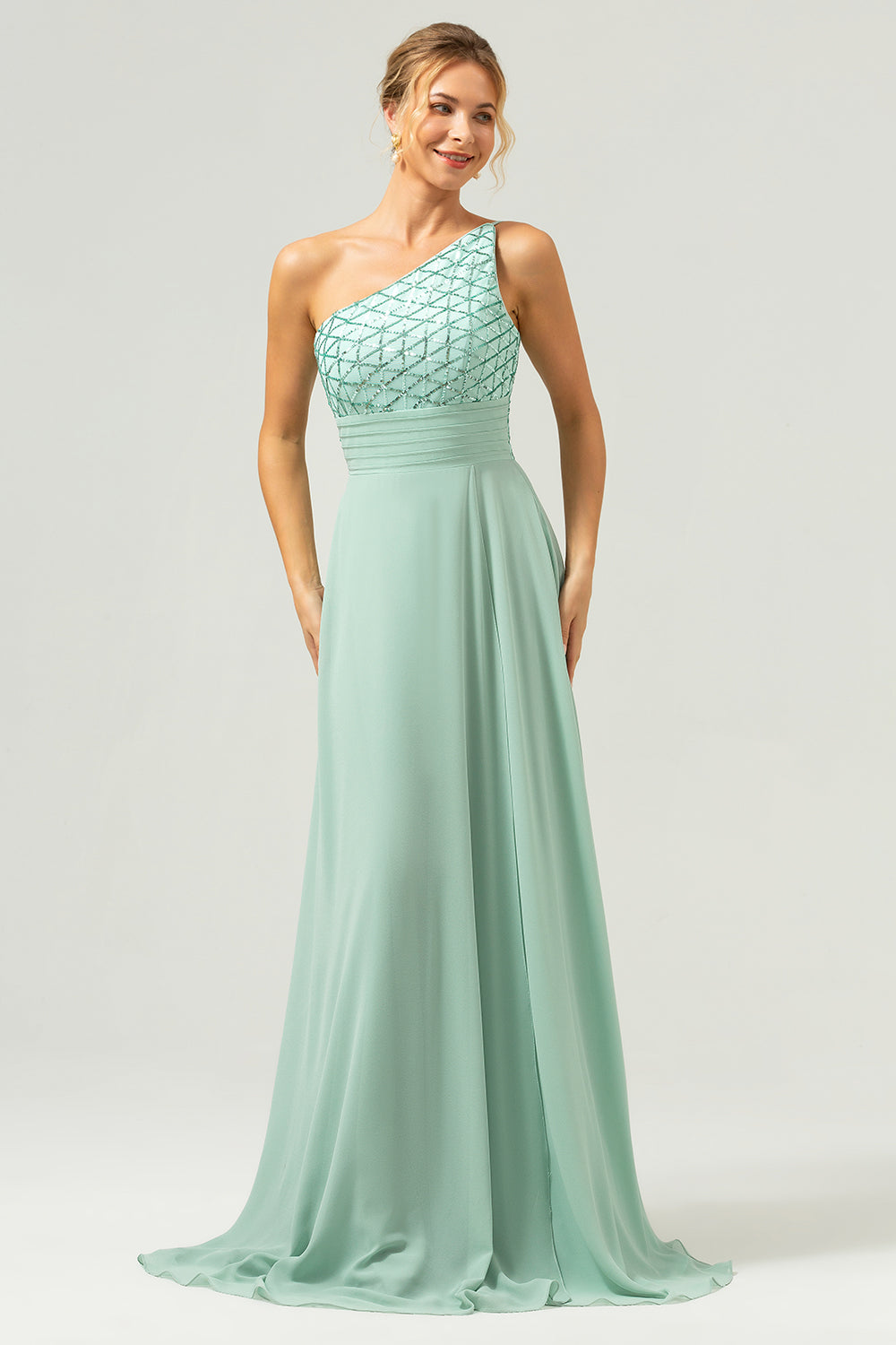 Sparkly Green A-Line One Shoulder Chiffon Long Bridesmaid Dress