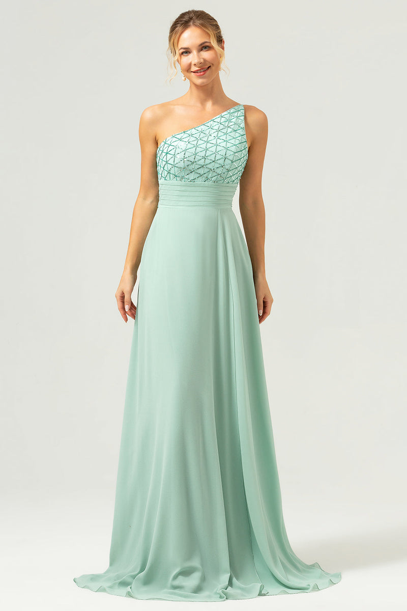 Load image into Gallery viewer, Sparkly Green A-Line One Shoulder Chiffon Long Bridesmaid Dress