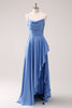 Load image into Gallery viewer, Blue Cowl Neck Satin Asymmetrical Long Bridesmaid Dress with Slit