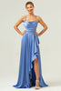 Load image into Gallery viewer, Blue Asymmetrical Cowl Neck Long Satin Bridesmaid Dress with Slit