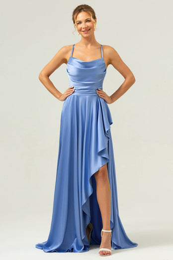 Blue Asymmetrical Cowl Neck Long Satin Bridesmaid Dress with Slit