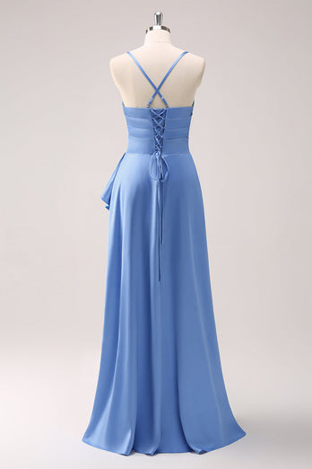 Blue Cowl Neck Satin Asymmetrical Long Bridesmaid Dress with Slit