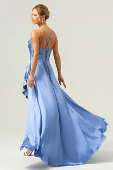 Blue Asymmetrical Cowl Neck Long Satin Bridesmaid Dress with Slit