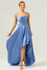 Load image into Gallery viewer, Blue Asymmetrical Cowl Neck Long Satin Bridesmaid Dress with Slit