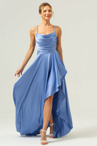 Blue Asymmetrical Cowl Neck Long Satin Bridesmaid Dress with Slit