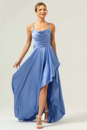 Blue Asymmetrical Cowl Neck Long Satin Bridesmaid Dress with Slit