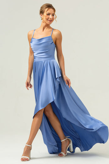 Blue Asymmetrical Cowl Neck Long Satin Bridesmaid Dress with Slit