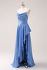 Load image into Gallery viewer, Blue Cowl Neck Satin Asymmetrical Long Bridesmaid Dress with Slit