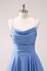 Load image into Gallery viewer, Blue Cowl Neck Satin Asymmetrical Long Bridesmaid Dress with Slit