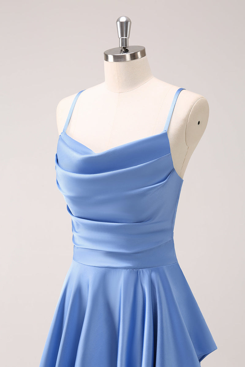 Load image into Gallery viewer, Blue Cowl Neck Satin Asymmetrical Long Bridesmaid Dress with Slit