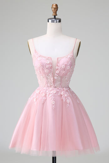 Glitter Blush A-line Tulle Short Formal Dress with Flowers