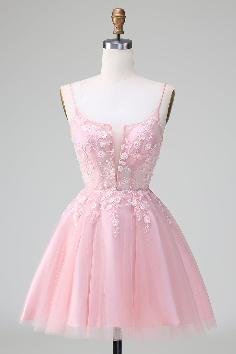 Load image into Gallery viewer, Glitter Blush A-line Tulle Short Formal Dress with Flowers