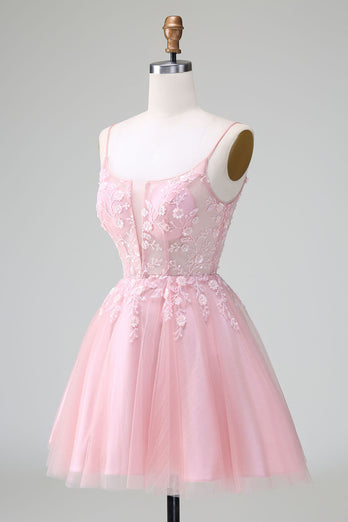 Glitter Blush A-line Tulle Short Formal Dress with Flowers