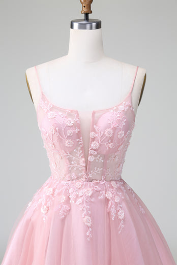 Glitter Blush A-line Tulle Short Formal Dress with Flowers