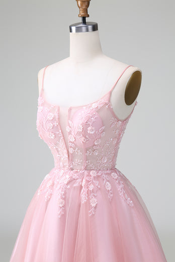 Glitter Blush A-line Tulle Short Formal Dress with Flowers