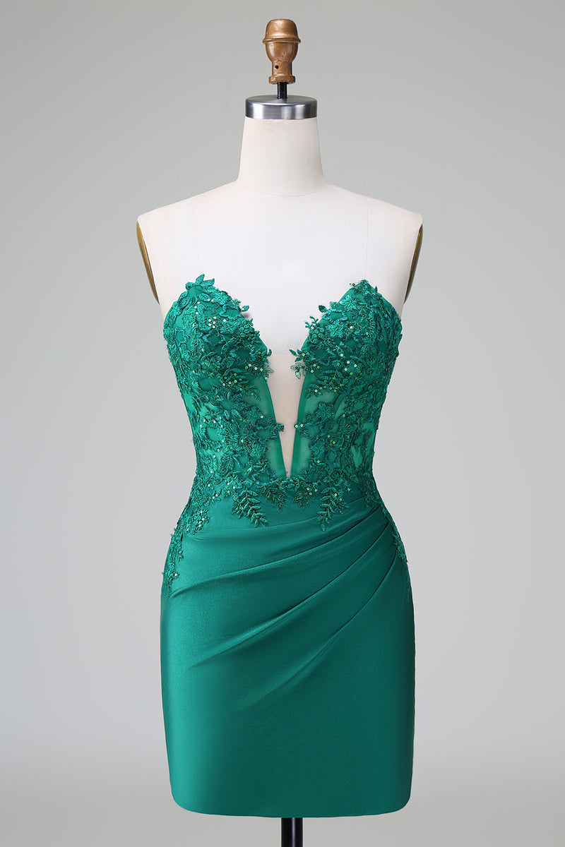 Load image into Gallery viewer, Glitter Dark Green Tight Beaded Short Formal Dress with Appliques