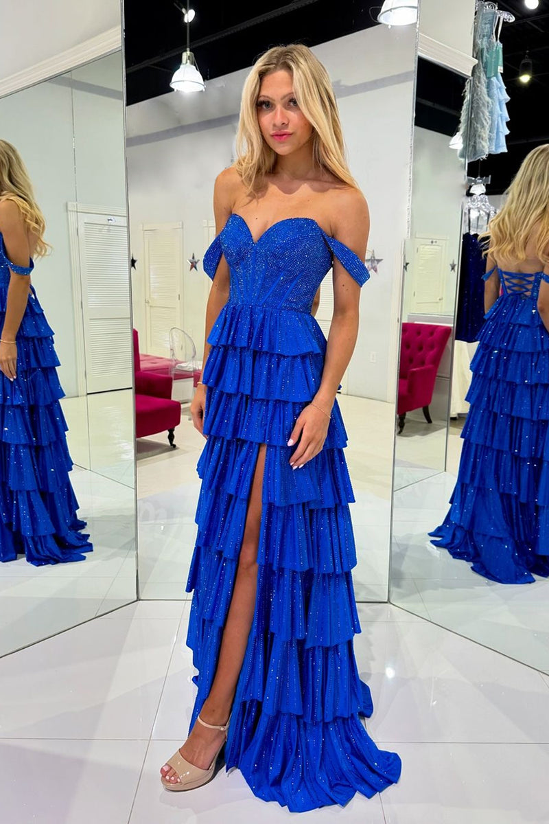 Load image into Gallery viewer, Sparkly Royal Blue Off The Shoulder Corset Tiered Long Formal Dress with Slit