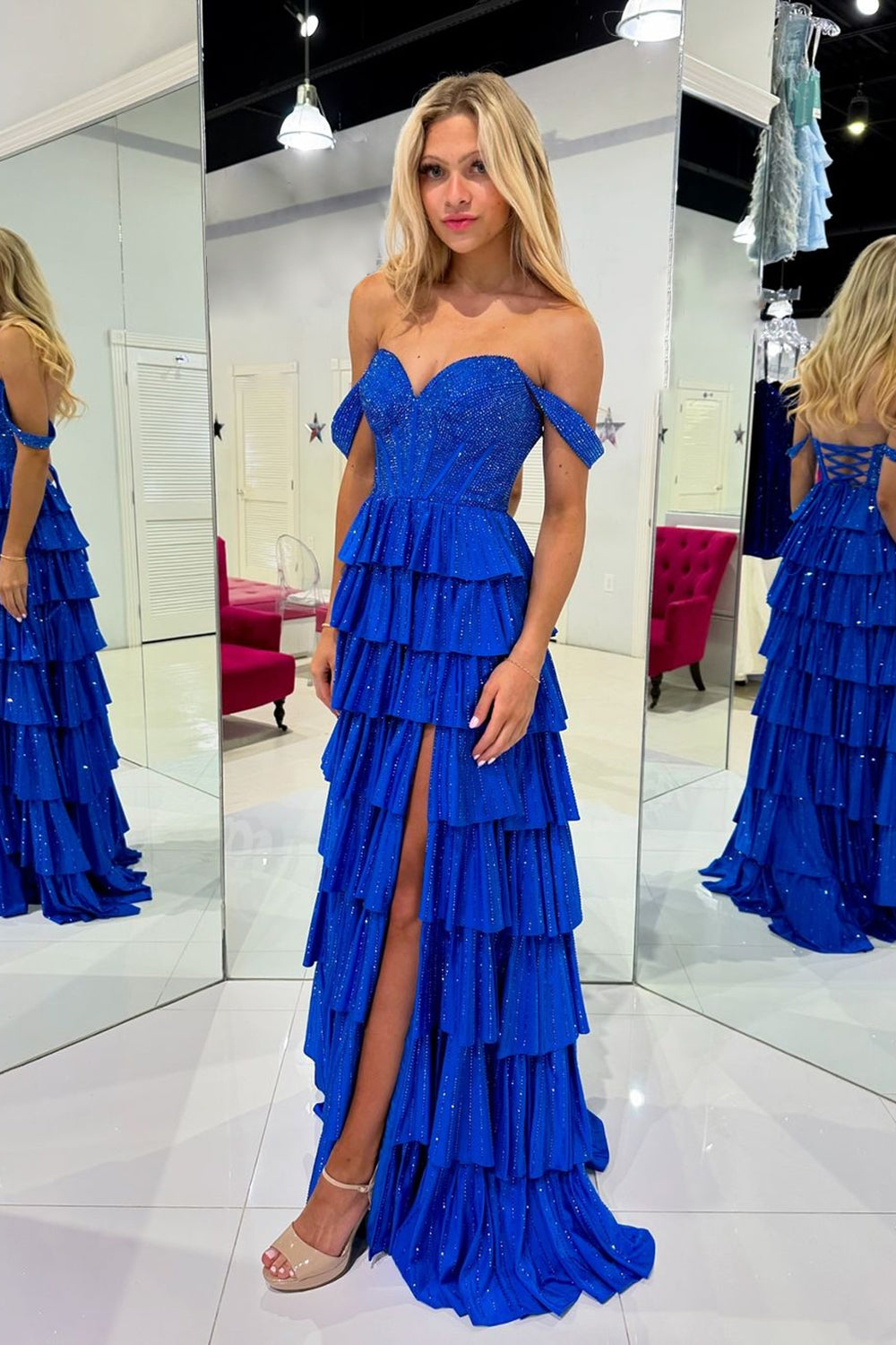 Sparkly Royal Blue Off The Shoulder Corset Tiered Long Formal Dress with Slit