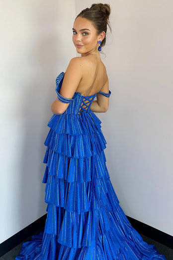 Sparkly Royal Blue Off The Shoulder Corset Tiered Long Formal Dress with Slit