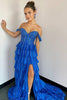 Load image into Gallery viewer, Sparkly Royal Blue Off The Shoulder Corset Tiered Long Formal Dress with Slit