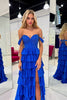 Load image into Gallery viewer, Sparkly Royal Blue Off The Shoulder Corset Tiered Long Formal Dress with Slit