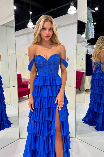 Sparkly Royal Blue Off The Shoulder Corset Tiered Long Formal Dress with Slit